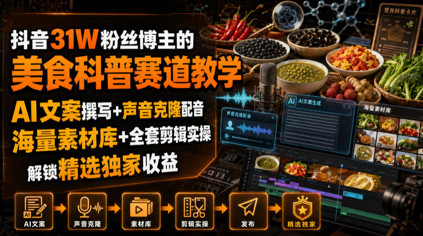 抖音31W粉丝博主的美食科普赛道教学,AI文案撰写+声音克隆配音+剪辑实操,解锁精选独家收益-泱泱学习社