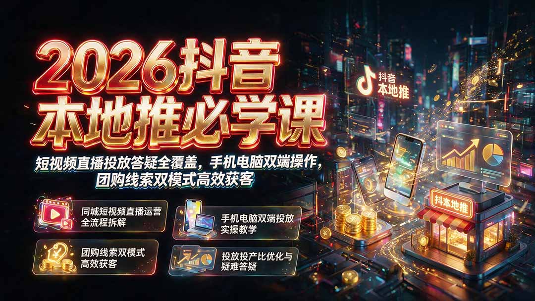 2026抖音本地推必学课|短视频直播投放答疑全覆盖,手机电脑双端操作,团购线索双模式高效获客-泱泱学习社