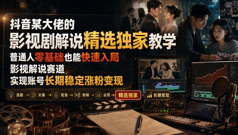 抖音某大佬的影视剧解说精选独家教学，普通人零基础也能快速入局影视解说赛道，实现账号长期稳定变现-泱泱学习社