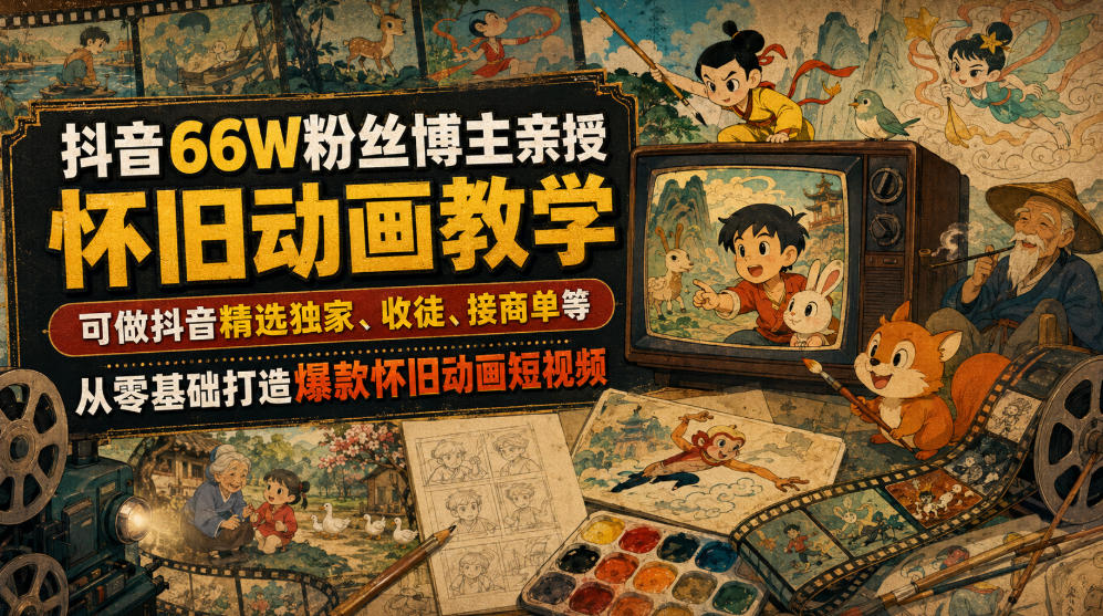 抖音66W粉丝博主亲授怀旧动画教学，可做抖音精选独家、收徒、接商单等，从零基础打造爆款怀旧动画短视频-泱泱学习社