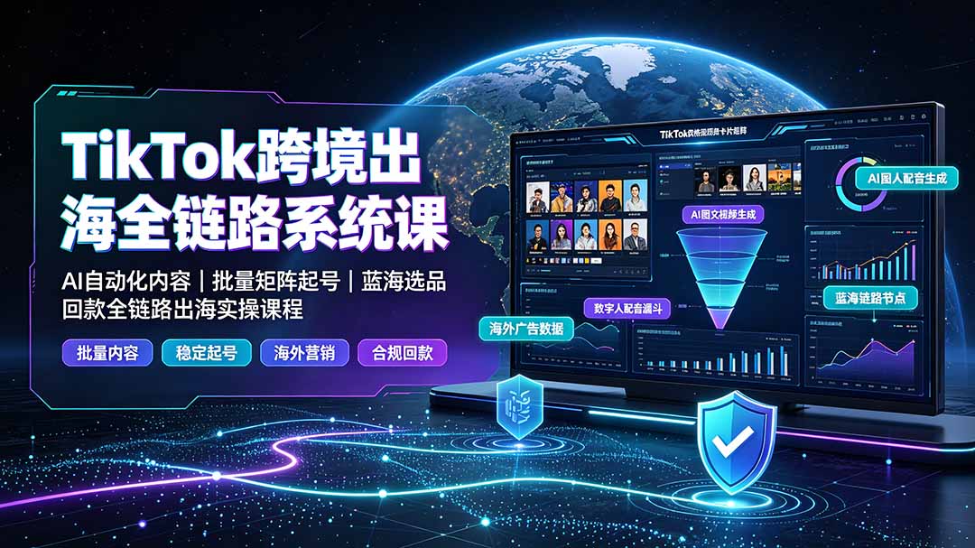 TikTok跨境出海全链路系统课-2026年7月:AI自动化内容|批量矩阵起号|蓝海选品回款全链路出海实操课程-泱泱学习社