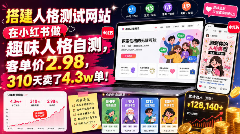 搭建人格测试网站在小红书做趣味人格自测,客单价2.98,310天卖了4.3w单!-泱泱学习社
