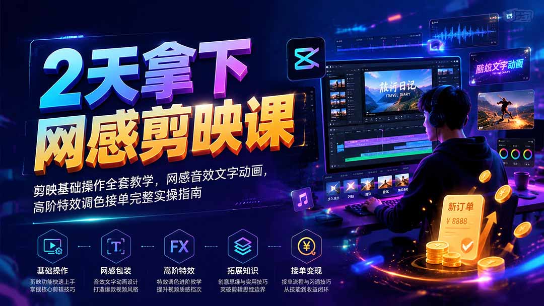 2天拿下网感剪辑课｜剪映基础操作全套教学，网感音效文字动画，高阶特效调色接单完整实操指南-泱泱学习社