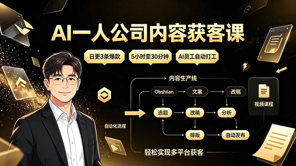 AI一人公司内容获客课:日更3条爆款×5小时变30分钟×AI员工自动打工,轻松实现多平台获客-泱泱学习社
