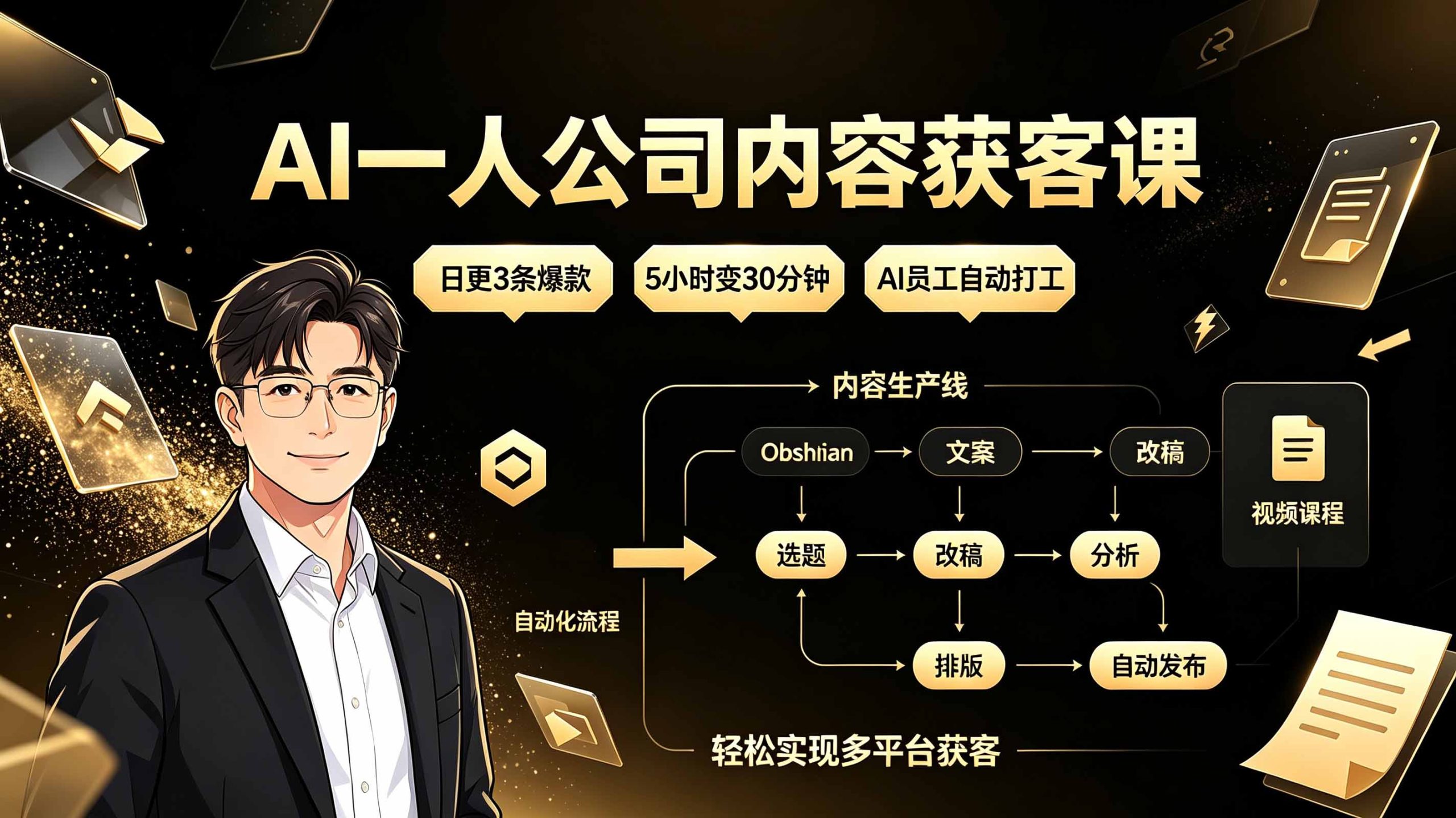 AI一人公司内容获客课:日更3条爆款×5小时变30分钟×AI员工自动打工,轻松实现多平台获客-泱泱学习社