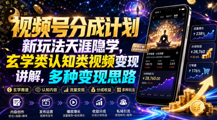 视频号分成计划新玩法天涯隐学，玄学类认知类视频变现讲解，多种变现思路-泱泱学习社