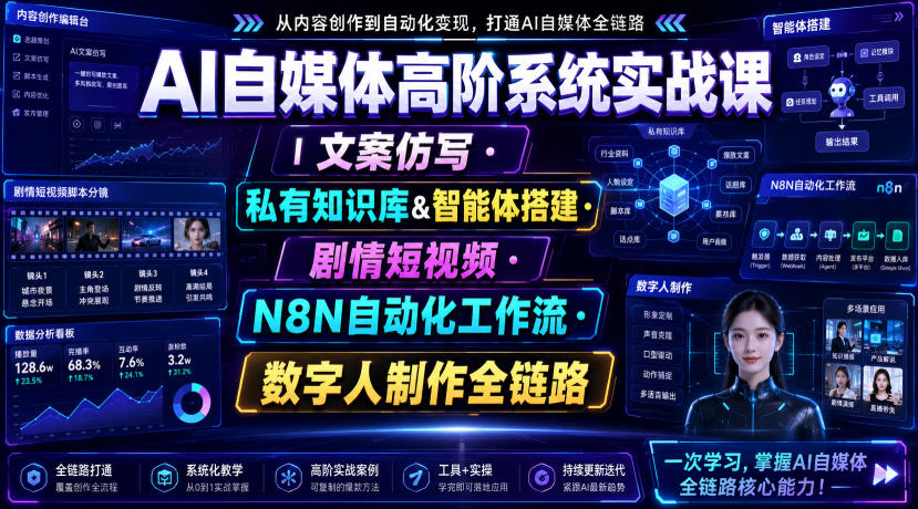 AI自媒体高阶系统实战课|文案仿写・私有知识库&智能体搭建・剧情短视频・N8N自动化工作流・数字人制作全链路-泱泱学习社