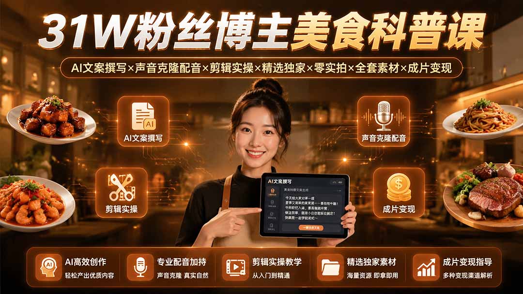 31W粉丝博主美食科普课：AI文案撰写×声音克隆配音×剪辑实操×精选独家×零实拍×全套素材×成片变现-泱泱学习社