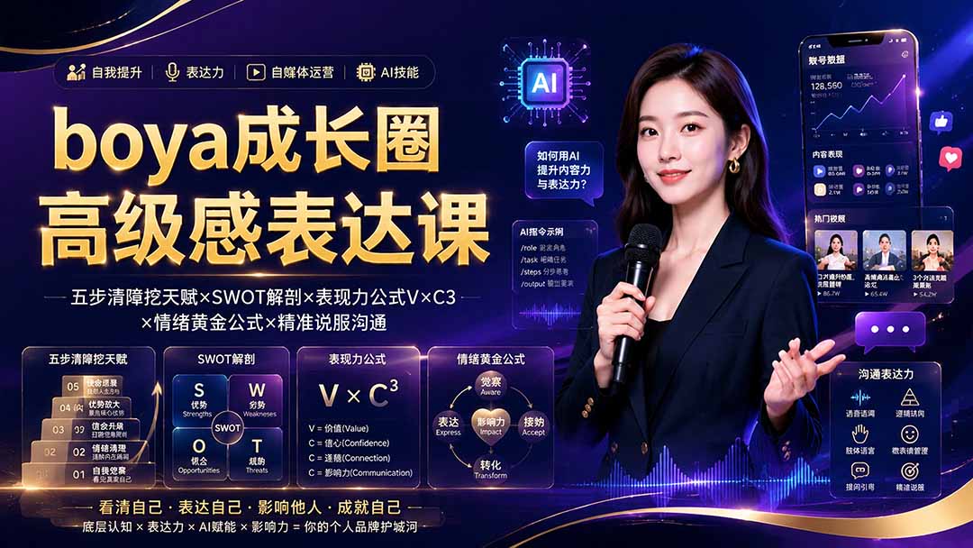 boya成长圈｜内心成长高级表达AI自媒体三合一，消解内耗挖掘天赋，镜头沟通AI指令短视频全流程教学-泱泱学习社