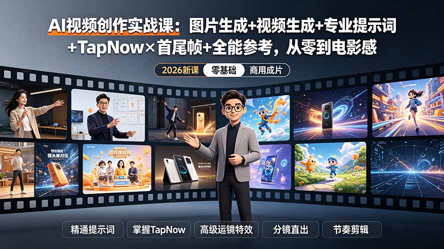 AI视频创作实战课:图片生成+视频生成+专业提示词+TapNow×首尾帧+全能参考,从零到电影感成片-泱泱学习社