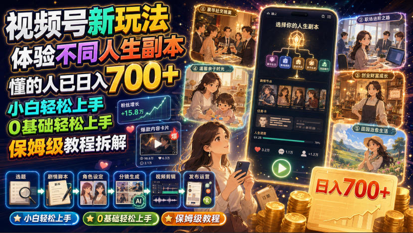 视频号新玩法体验不同人生副本,懂的人已日入700+,小白轻松上手,0基础轻松上手,保姆级教程拆解-泱泱学习社