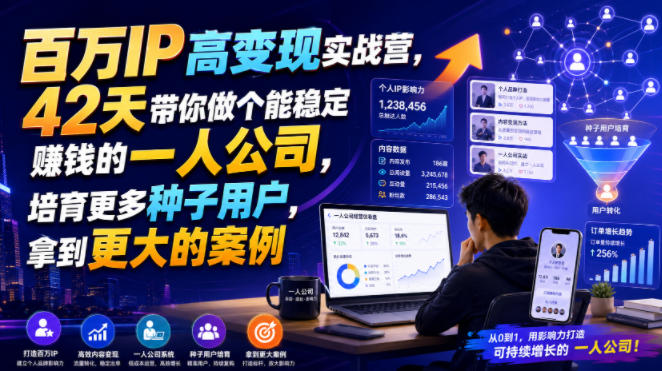 百万IP高变现实战营，42天带你做个能稳定賺钱的一人公司，培育更多种子用户，拿到更大的案例-泱泱学习社