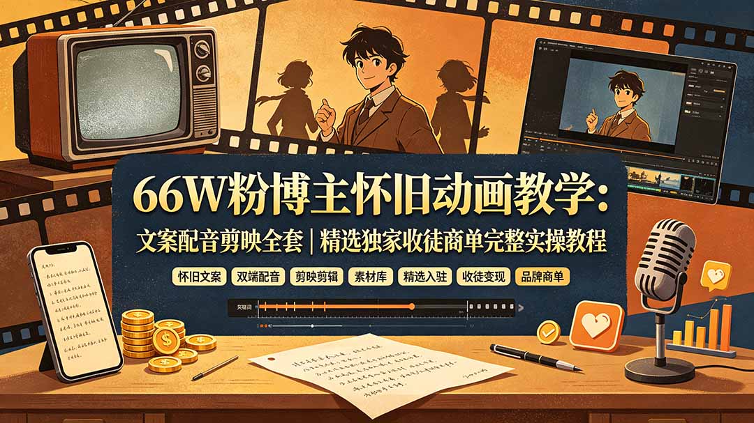 66W粉博主怀旧动画教学:文案配音剪映全套|精选独家收徒商单完整实操教程-泱泱学习社