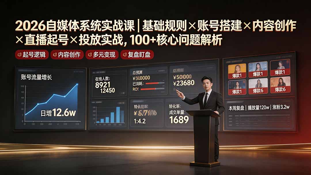 2026自媒体系统实战课|基础规则×账号搭建×内容创作×直播起号×投放实战,100+核心问题解析-泱泱学习社