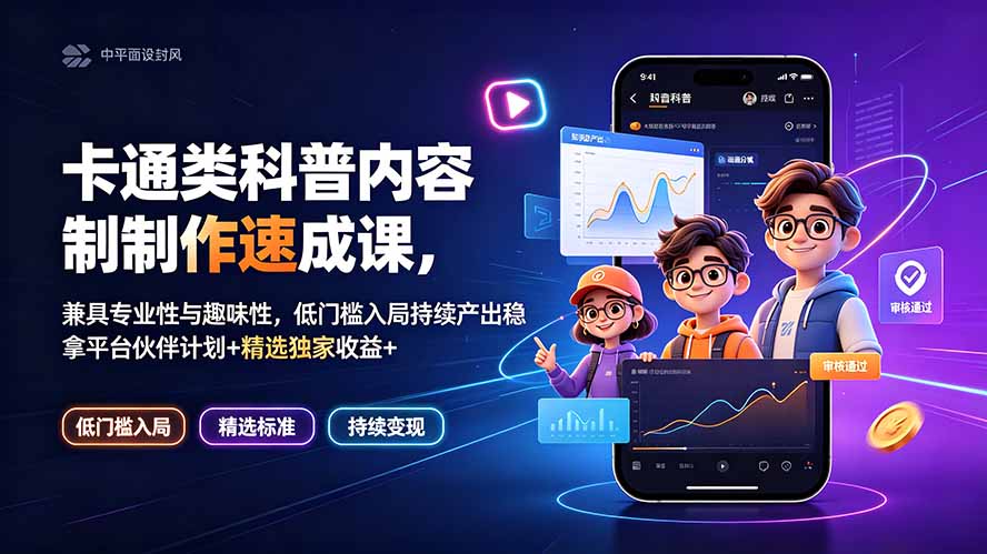 卡通类科普内容制作速成课,兼具专业性与趣味性,低门槛入局持续产出稳拿平台伙伴计划+精选独家收益-泱泱学习社