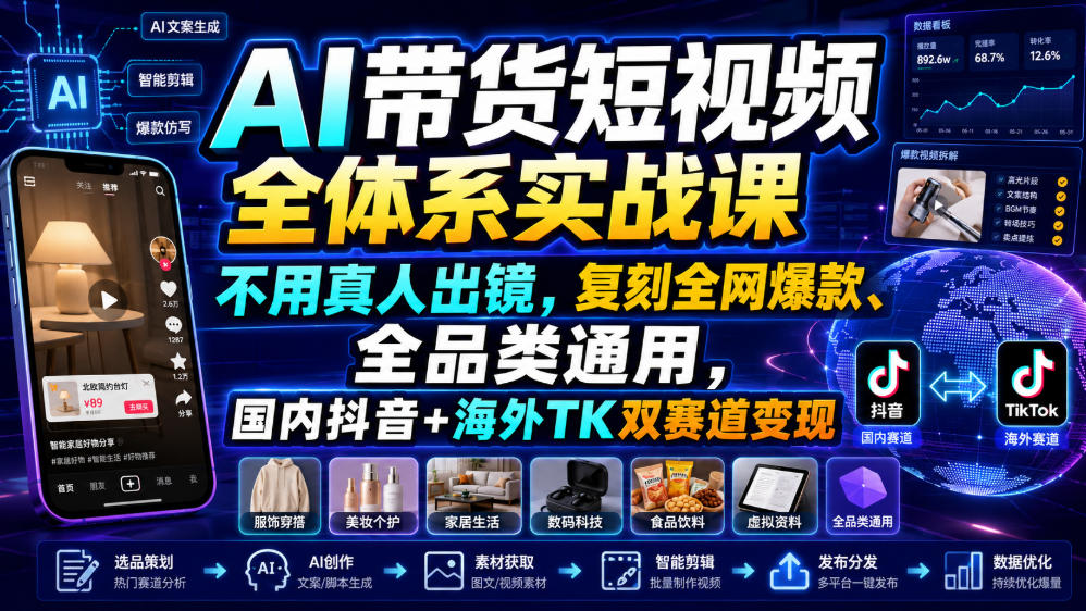 AI带货短视频全体系实战课，不用真人出镜，复刻全网爆款、全品类通用，国内抖音+海外TK双赛道变现-泱泱学习社