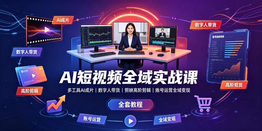 AI短视频全域实战课|多工具AI成片、数字人带货、剪映高阶剪辑、账号运营全域变现全套教程-泱泱学习社