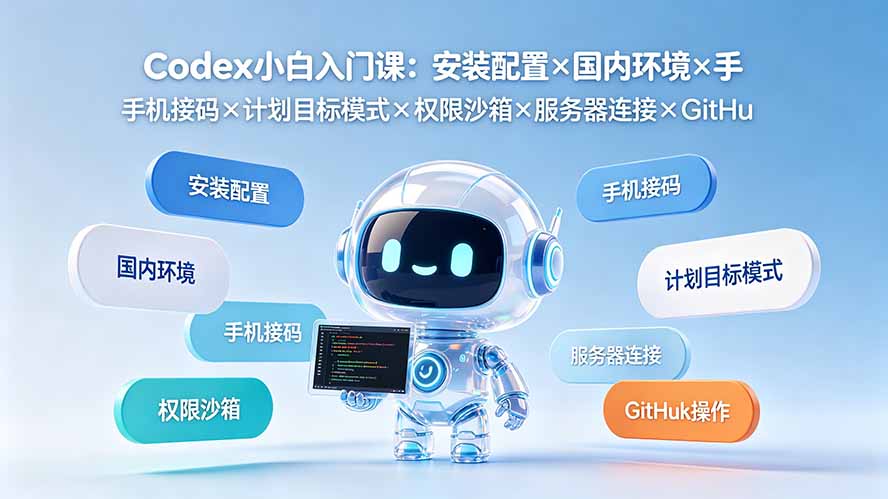 Codex小白入门课：安装配置×国内环境×手机接码×计划目标模式×权限沙箱×服务器连接×GitHub操作-泱泱学习社