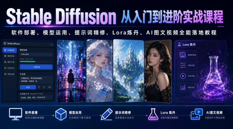 Stable Diffusion从入门到进阶实战课程｜软件部署、模型运用、提示词精修、Lora炼丹、AI图文视频全能落地教程-泱泱学习社