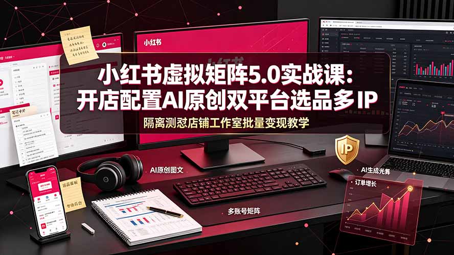 小红书虚拟矩阵5.0实战课:开店配置|AI原创|双平台选品|多IP隔离|测怼店铺工作室批量变现实操教学-泱泱学习社