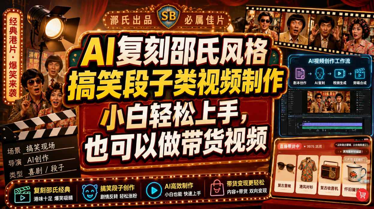 AI复刻邵氏风格搞笑段子类视频制作，小白轻松上手，也可以做带货视频-泱泱学习社