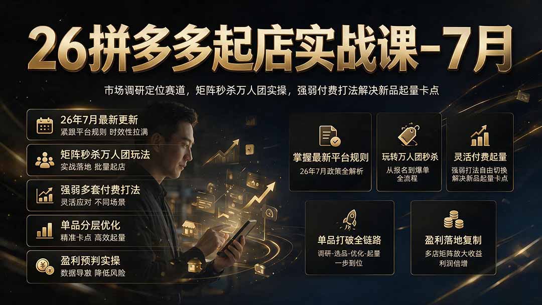 26拼多多起店实战课-7月｜市场调研定位赛道，矩阵秒杀万人团实操，强弱付费打法解决新品起量卡点-泱泱学习社
