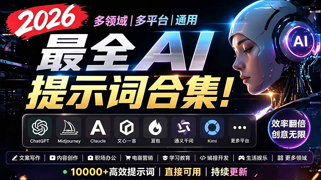 2026最全AI提示词合集！多领域多平台通用，涵盖AI绘画、电商主图、爆款文案，脚本创作等-泱泱学习社