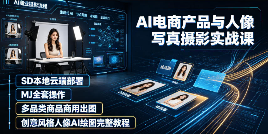 AI电商产品与人像写真摄影实战课｜SD本地云端部署、MJ全套操作、多品类商品商用出图、创意风格人像AI绘图完整教程-泱泱学习社
