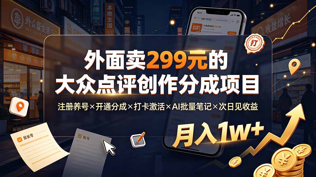 外面卖299元的大众点评创作分成项目:注册养号×开通分成×打卡激活×AI批量笔记×次日见收益,月入1w+-泱泱学习社