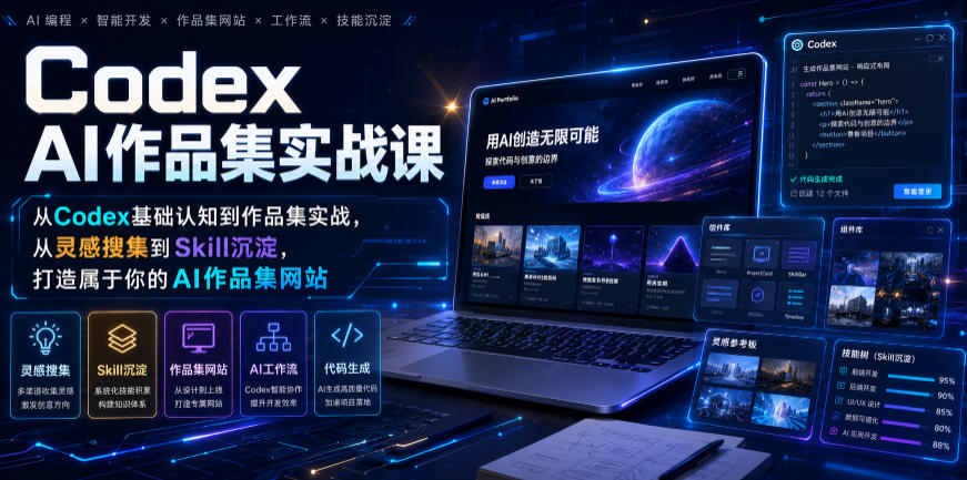 Codex AI作品集实战课，从Codex基础认知到作品集实战，从灵感搜集到Skill沉淀，打造属于你的AI作品集网站-泱泱学习社