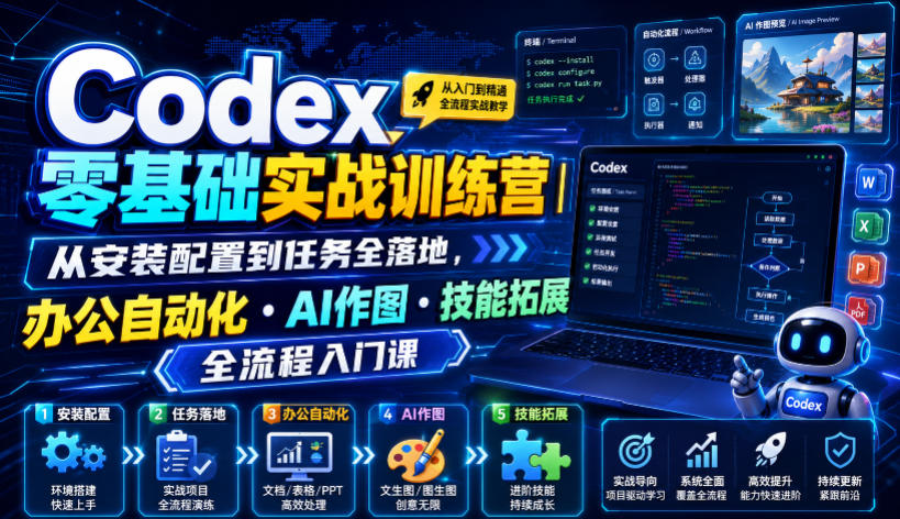 Codex零基础实战训练营|从安装配置到任务全落地,办公自动化・AI作图・技能拓展全流程入门课-泱泱学习社