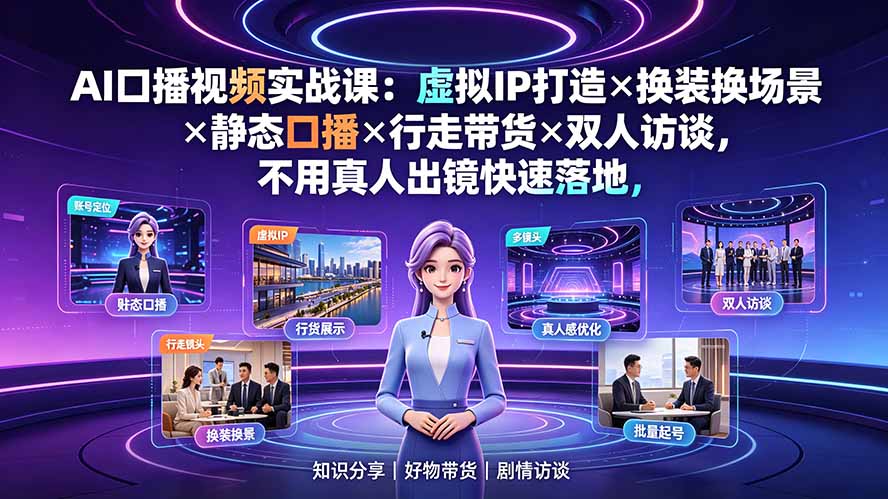 AI口播视频实战课:虚拟IP打造×换装换场景×静态口播×行走带货×双人访谈,不用真人出镜快速落地-泱泱学习社