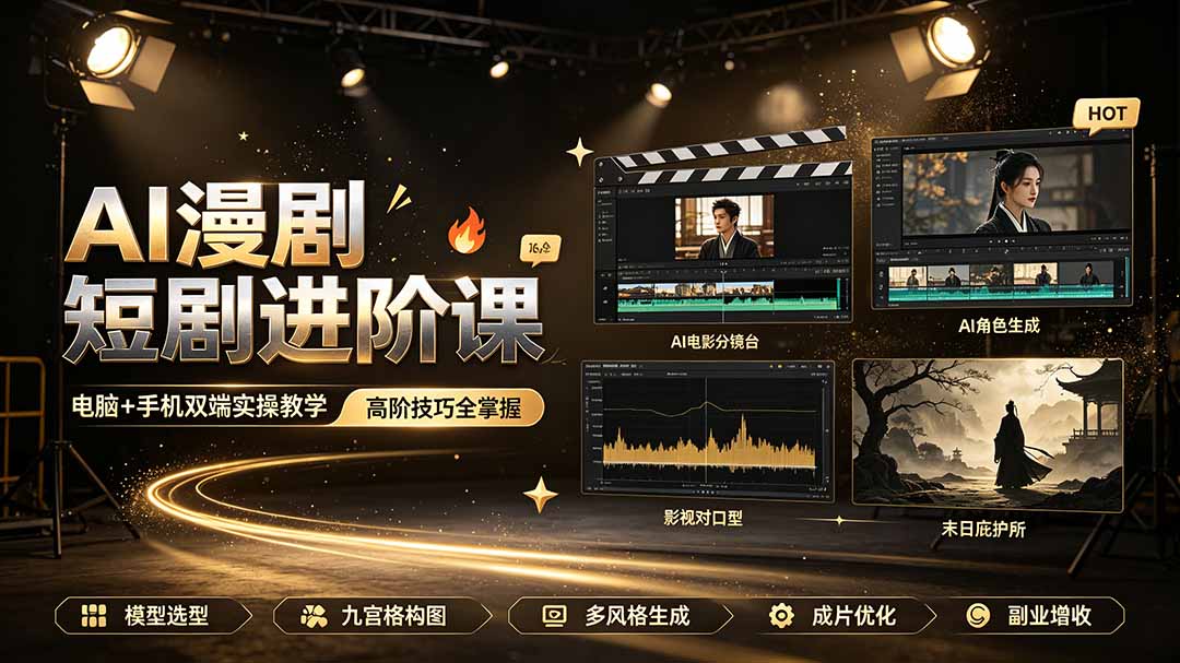 AI漫剧短剧进阶课|电脑+手机双端实操教学|影视剧对口型人物吃瓜×解压末日庇护所全程讲解,高阶技巧全掌握-泱泱学习社