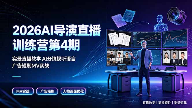 2026AI导演直播训练营第4期,实景直播教学AI分镜视听语言,广告短剧MV实战,解决人物画面崩坏痛点-泱泱学习社