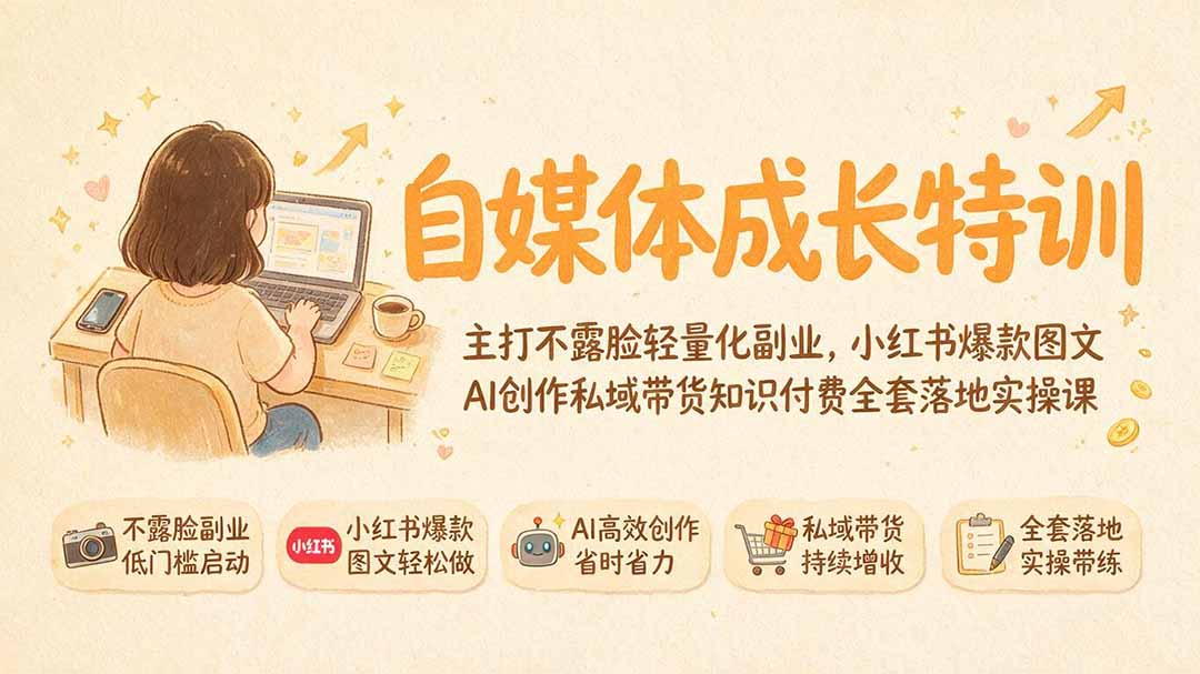 自媒体成长特训｜主打不露脸轻量化副业，小红书爆款图文AI创作私域带货知识付费全套落地实操课-泱泱学习社