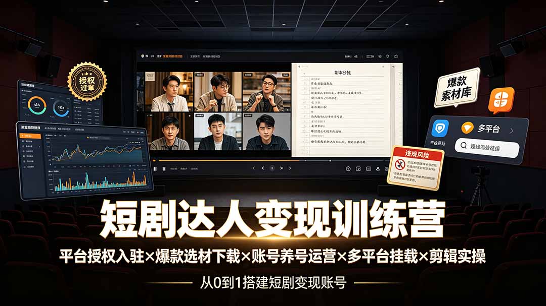 短剧达人变现训练营:平台授权入驻×爆款选材下载×账号养号运营×多平台挂载×剪辑实操×违规处理全流程-泱泱学习社