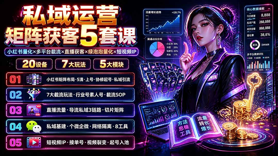 私域运营矩阵获客5套课:小红书量化×多平台截流×直播获客×绿泡泡量化×短视频IP×20设备×7大玩法-泱泱学习社