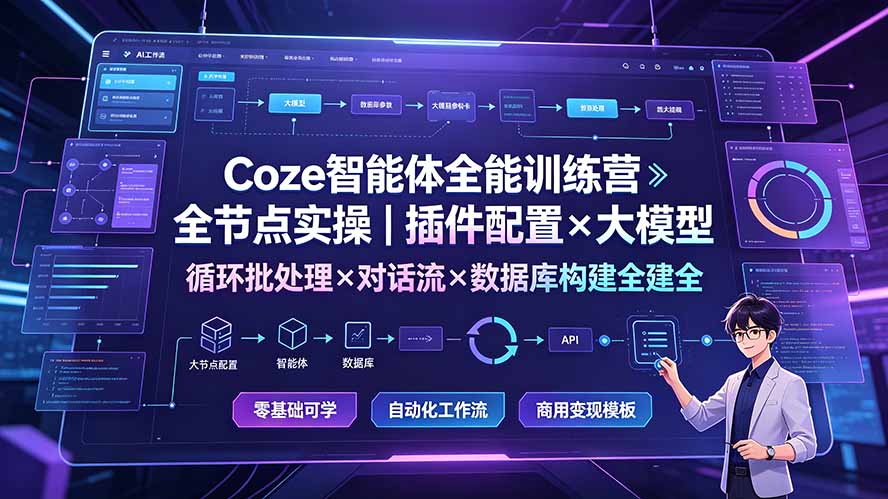 Coze智能体全能训练营:全节点实操|插件配置×大模型×循环批处理×对话流×数据库构建全教学-泱泱学习社