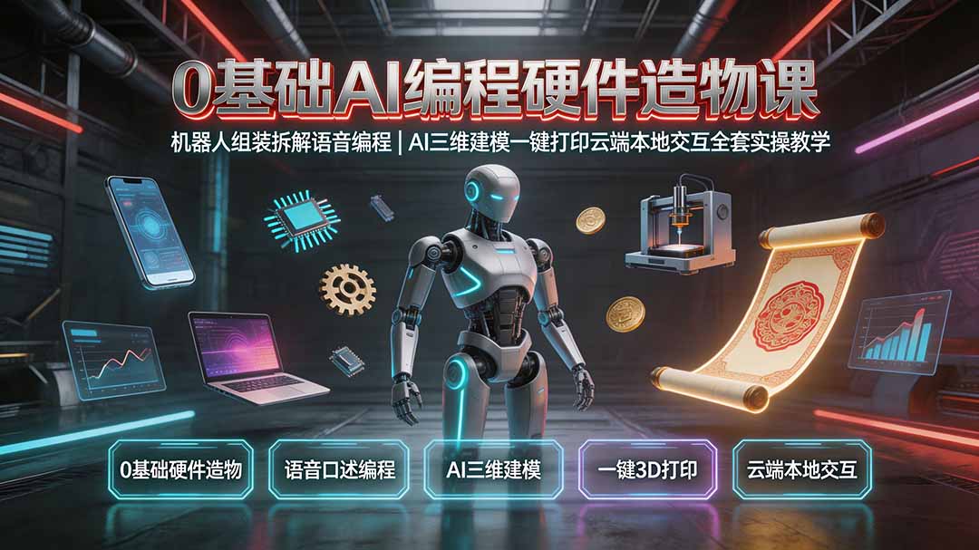 0基础AI编程硬件造物课|机器人组装拆解语音编程,AI三维建模一键打印云端本地交互全套实操教学-泱泱学习社