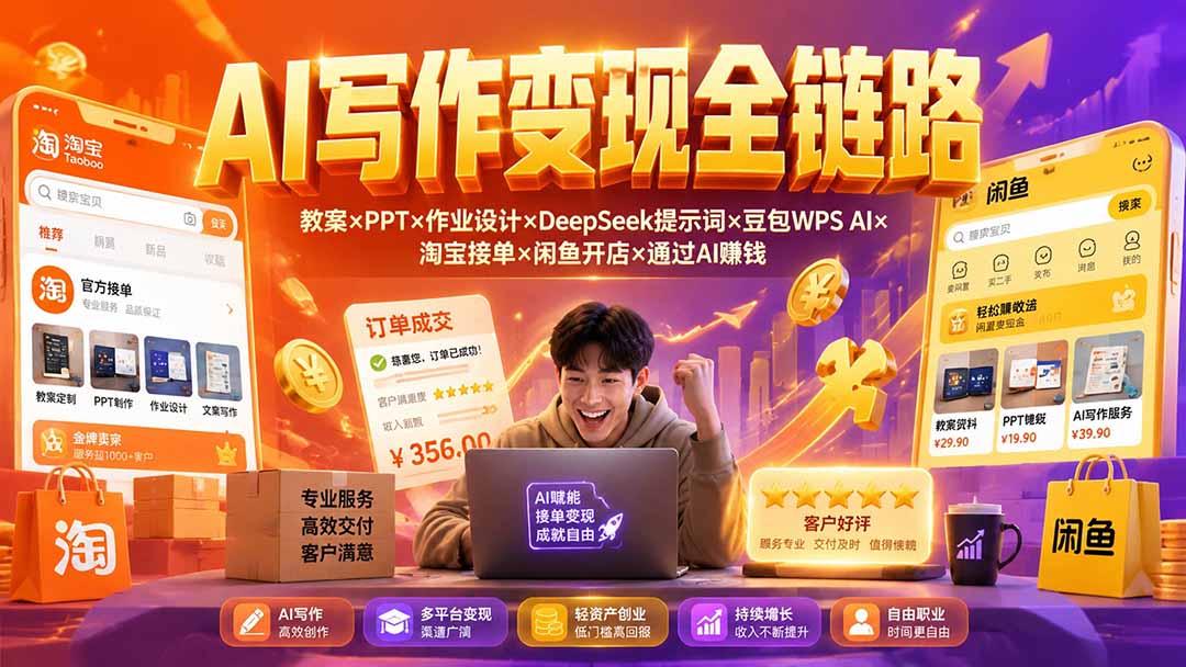2026AI写作变现全链路:教案×PPT×作业设计×DeepSeek提示词×豆包WPS AI×淘宝接单×闲鱼开店×通过AI賺钱-泱泱学习社