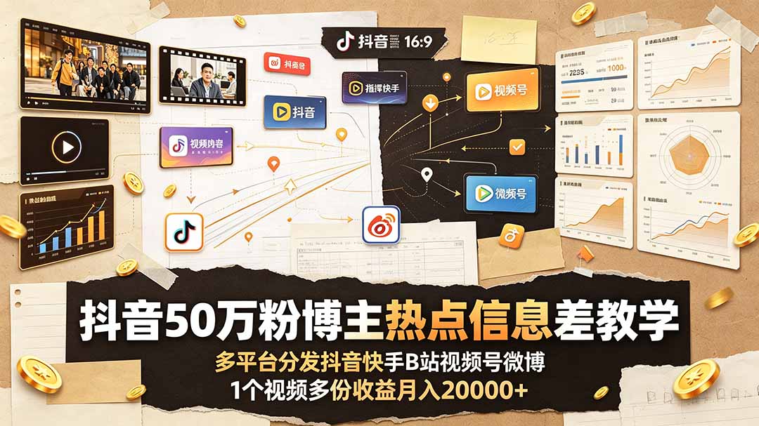 抖音50万粉博主热点信息差教学：多平台分发抖音快手B站视频号微博，1个视频多份收益月入20000+-泱泱学习社