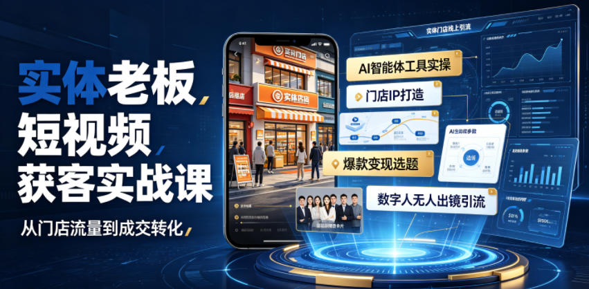 实体老板短视频获客实战课｜AI智能体工具全套实操、门店IP打造、爆款变现选题、数字人无人出镜引流完整教程-泱泱学习社