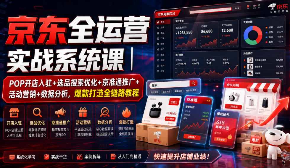 京东全运营实战系统课｜POP开店入驻+选品搜索优化+京准通推广+活动营销+数据分析，爆款打造全链路教程-泱泱学习社