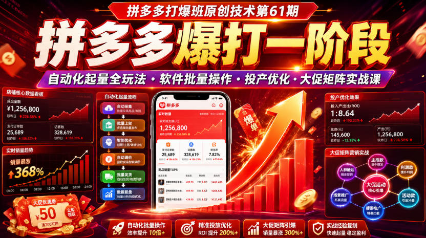 拼多多打爆班原创技术第61期,拼多多爆打一阶段,自动化起量全玩法・软件批量操作・投产优化・大促矩阵实战课-泱泱学习社