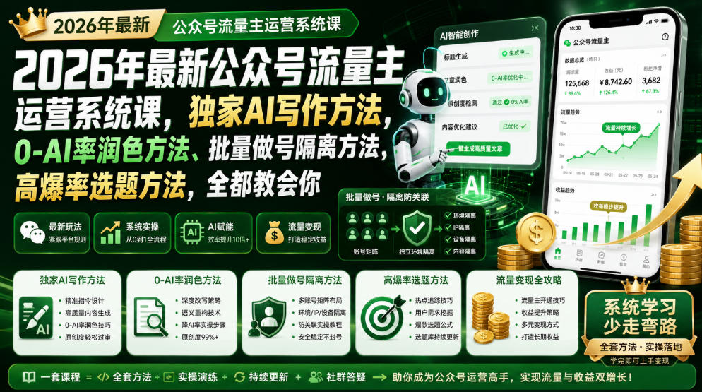 2026年最新公众号流量主运营系统课，独家AI写作方法，0-AI率润色方法、批量做号隔离方法、高爆率选题方法，全都教会你-泱泱学习社