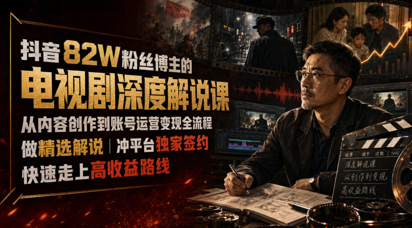 抖音82W粉丝博主的电视剧深度解说课，从内容创作到账号运营变现全流程，做精选解说，冲平台独家签约，快速走上高收益路线-泱泱学习社