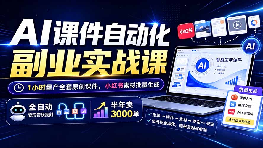 AI课件自动化副业实战课:1小时量产全套原创课件×小红书素材批量生成×全自动变现管线×半年卖3000单-泱泱学习社