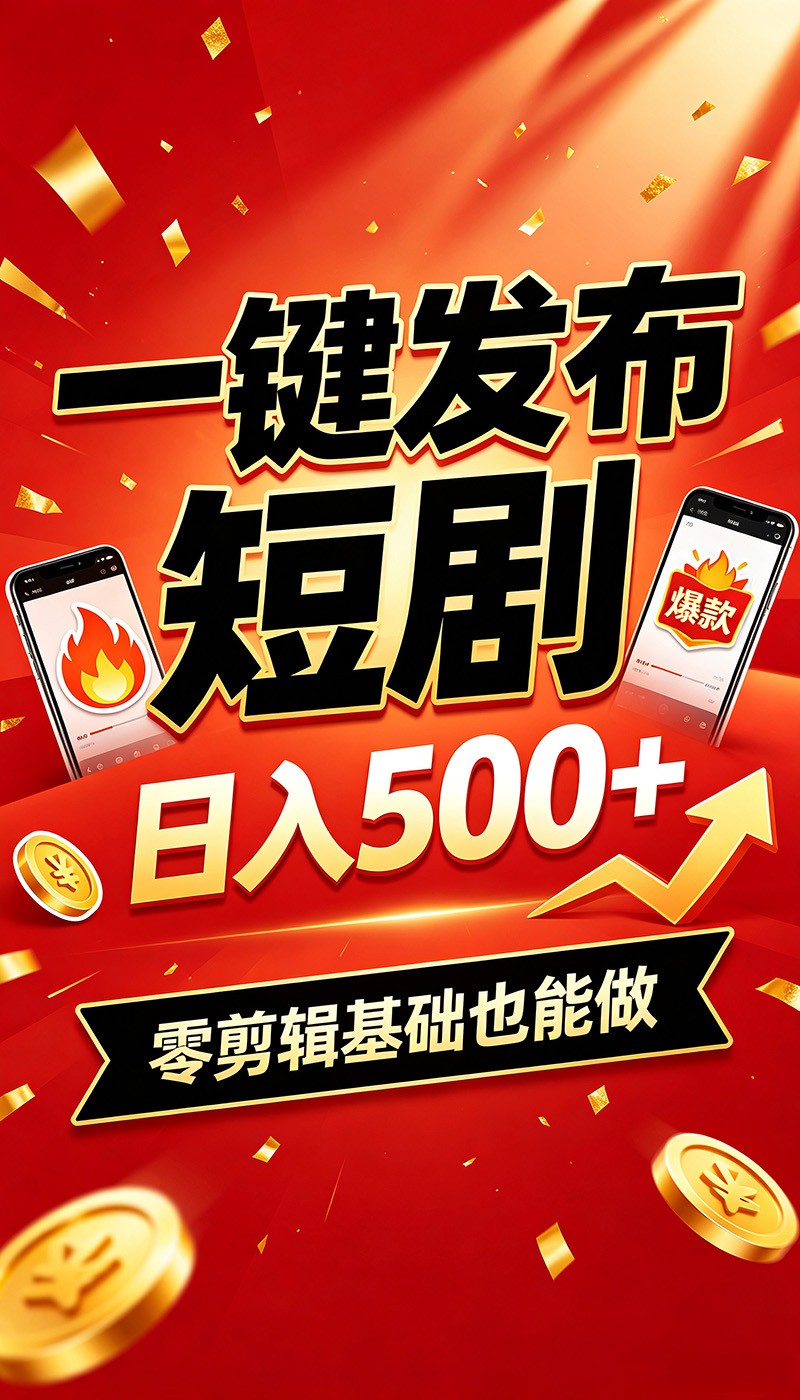 快手短剧一键发布，不用剪辑操作简单，副业日入500+。空闲时间轻松赚收益-泱泱学习社