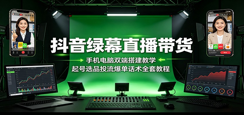 抖音绿幕直播带货:手机电脑双端搭建教学,起号选品投流爆单话术全套教程-泱泱学习社