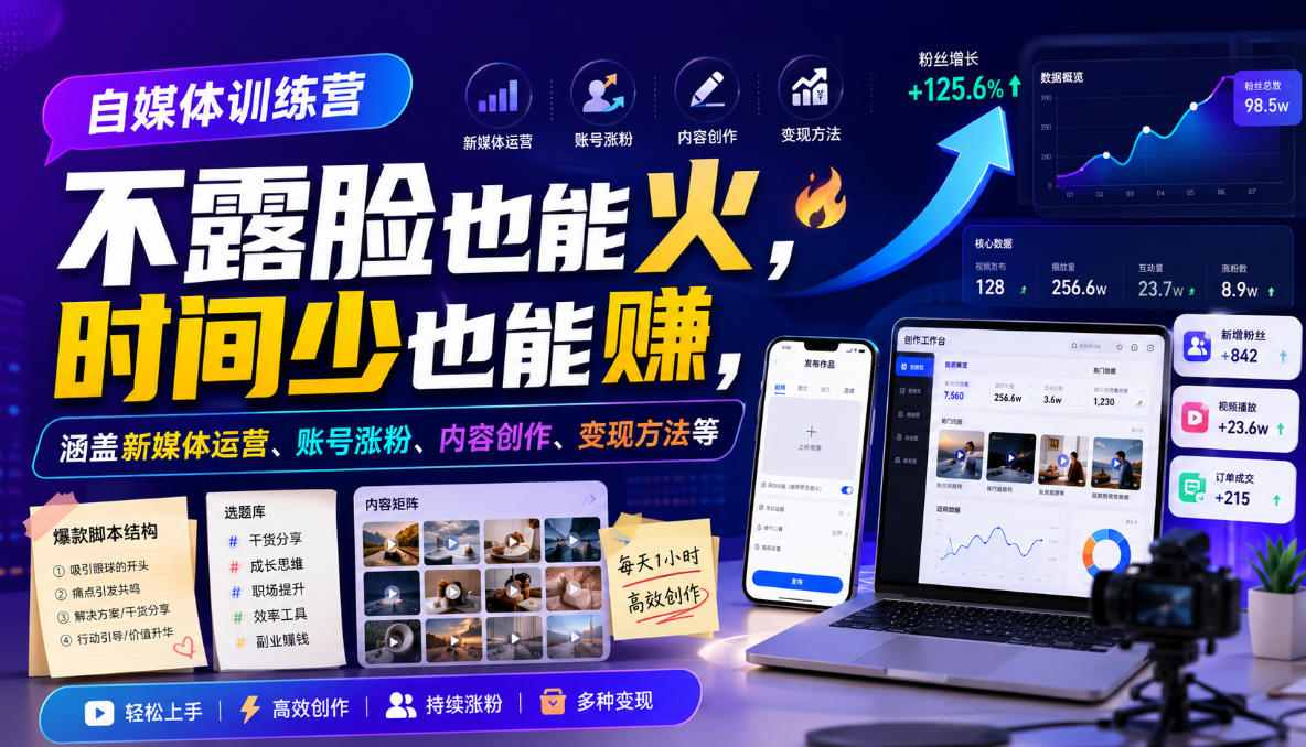 自媒体训练营，不露脸也能火，时间少也能賺，涵盖新媒体运营、账号涨粉、内容创作、变现方法等-泱泱学习社